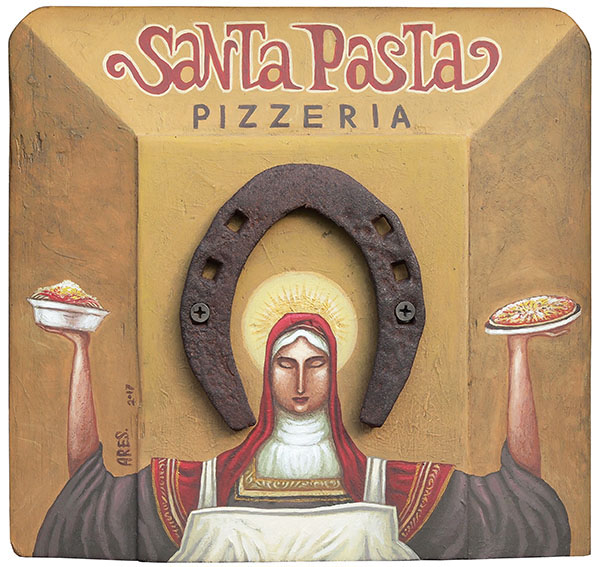 Santa Pasta, acrilico y metal s/ madera, 2017 (col. privada)