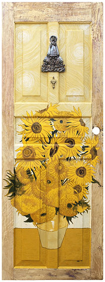 Girasoles para la Virgen II, acrilico y metal s/ madera, 2018